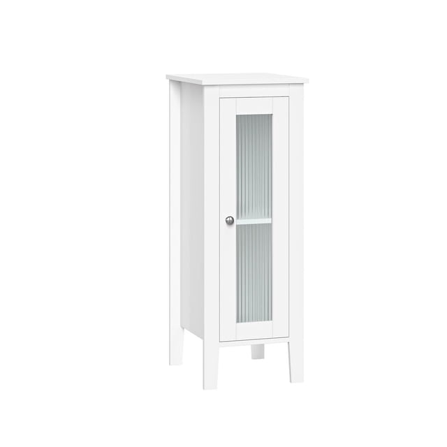 RiverRidge® Armoire de Sol à Porte Simple Prescott pour la Maison, Blanche, 32 Po de Hauteur, 11,75 Po de Largeur et 13 Po de Profondeur, Profil Mince, Porte en Verre à Anse avec Charnières à Fermeture en Douceur, Bouton Argent Poli, Tablette Intérieure Ajustable et Tablette Ouverte Supérieure, Idéale pour le Rangement de la Salle de Bain Ou de la Buanderie.