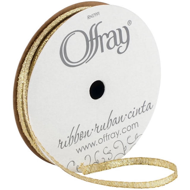 GALENA GOLD 1/8 Offray gold metallic decorative ribbon spool with a narrow, textured finish, partially unrolled, ideal for gift wrapping, party supplies, and craft projects.