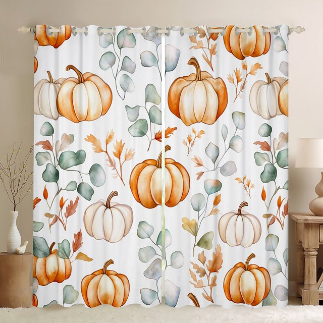YST Rideaux et Draperies Citrouille Aquarelle Automne Rideaux Occultants Feuilles d'Eucalyptus Vertes Rideaux de Fenêtre pour Enfants Adultes Action de Grâce Récolte Rideaux 2 Panneaux 38"L X 45"H