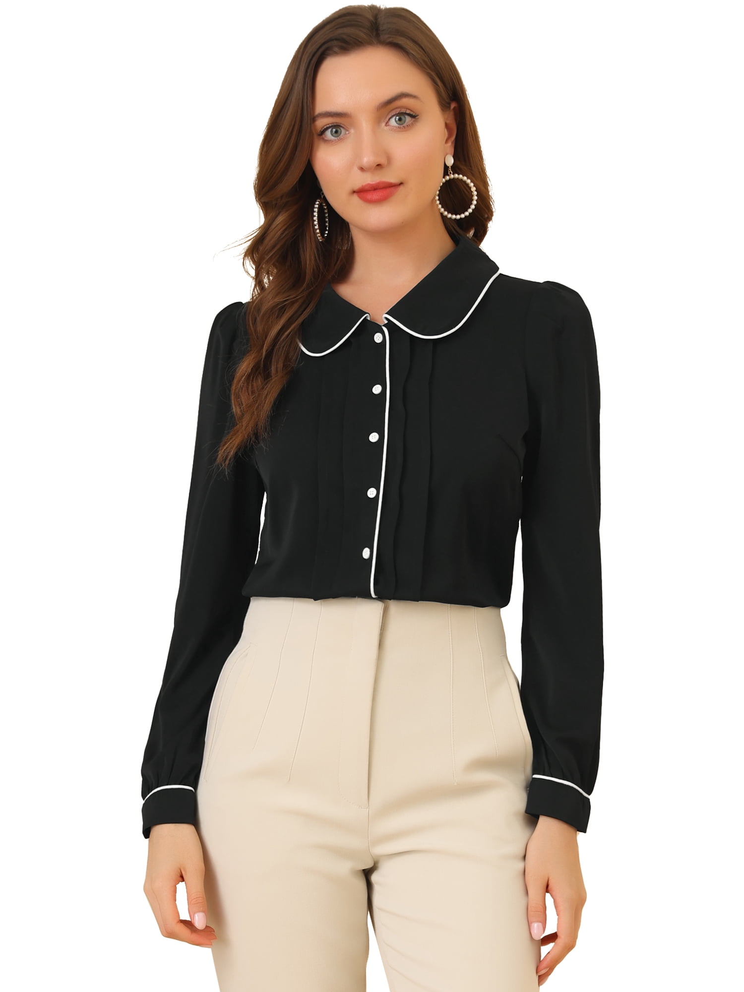 INSPIRE CHIC Women's Peter Pan Collar Work Blouse Puff Sleeve Button Down Shirt