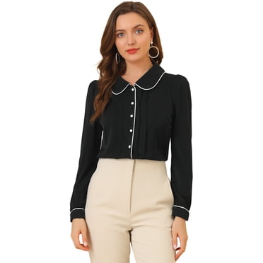 INSPIRE CHIC Women's Peter Pan Collar Work Blouse Puff Sleeve Button Down Shirt
