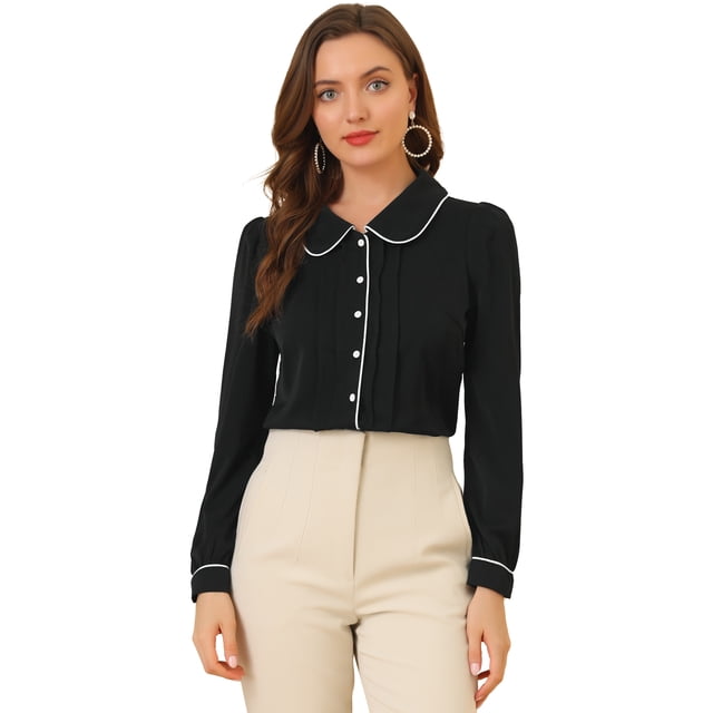 INSPIRE CHIC Women's Peter Pan Collar Work Blouse Puff Sleeve Button Down Shirt