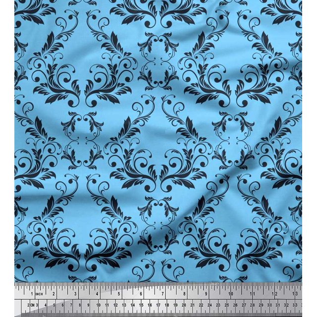 Soimoi Blue Silk Fabric Filigree Damask Print Fabric by the Yard 42 Inch Wide