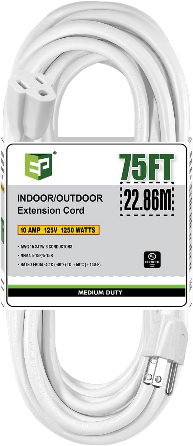 EP 75 FT Black Outdoor Extension Cord, 16/3 SJTW Heavy Duty Waterproof, 3 Prong Grounded Plug, 13A 1625W 16AWG, Cold-Resistant Flexible Power Cable for Garden, Home, Christmas Lights, UL Listed