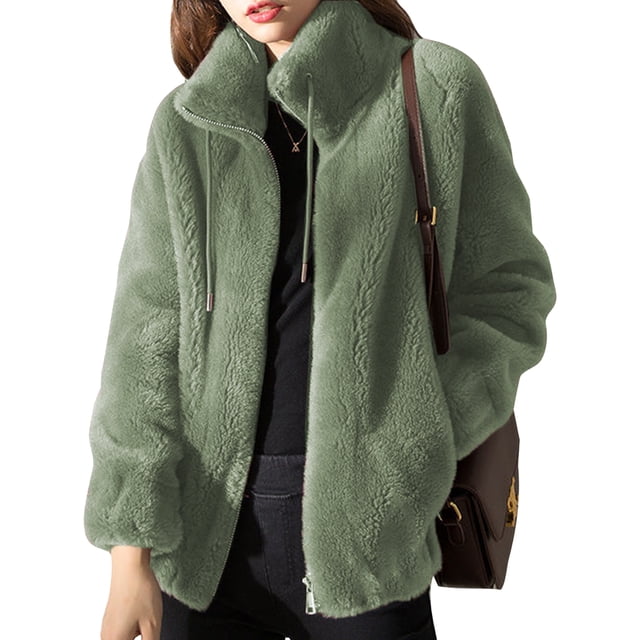 LUXUR Ladies Full Zip Sherpa Jackets Drawstring Holiday Overcoats Green 3XL