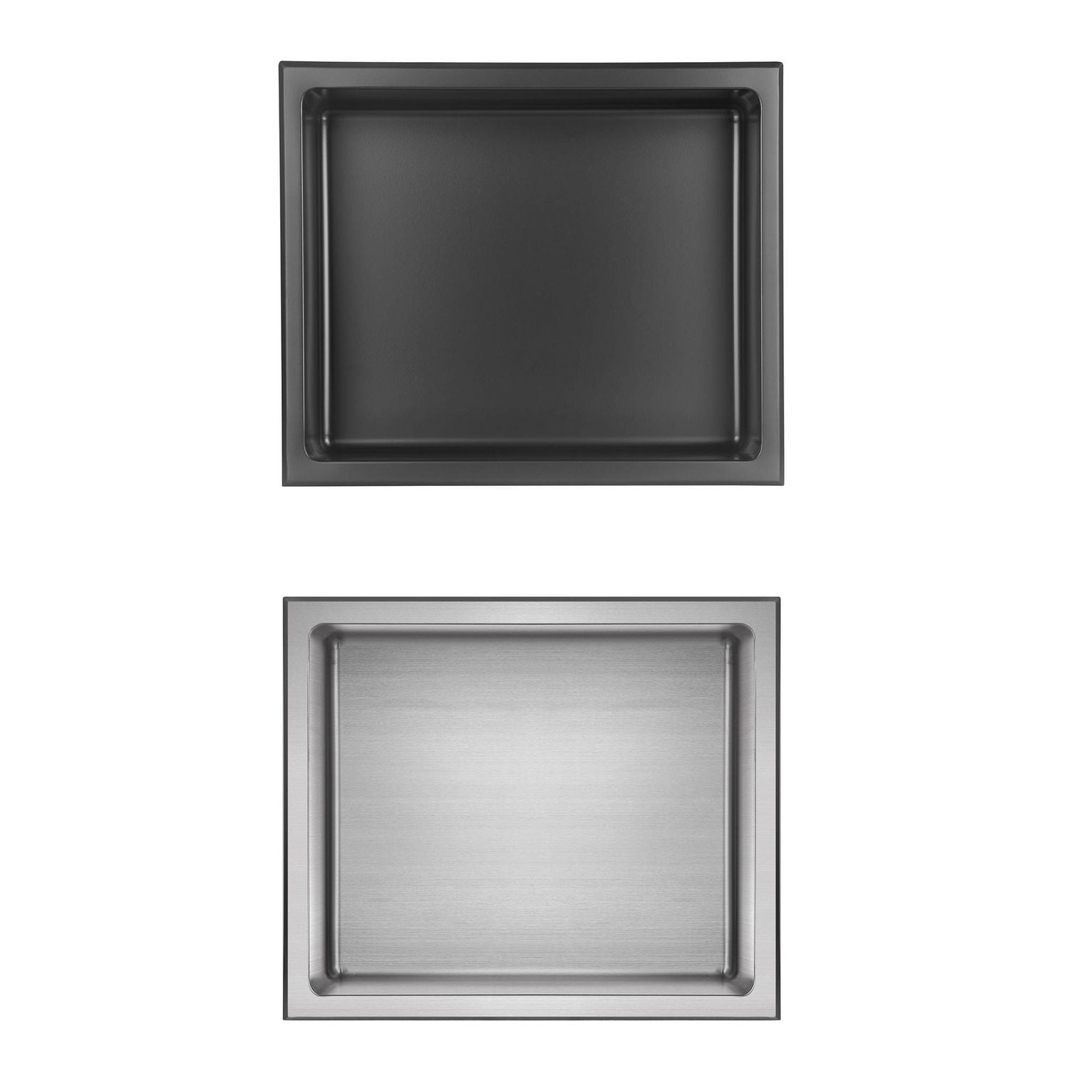 Niche de douche murale d'akuaplus® 12 po x 14 po, fait en acier inoxydable.