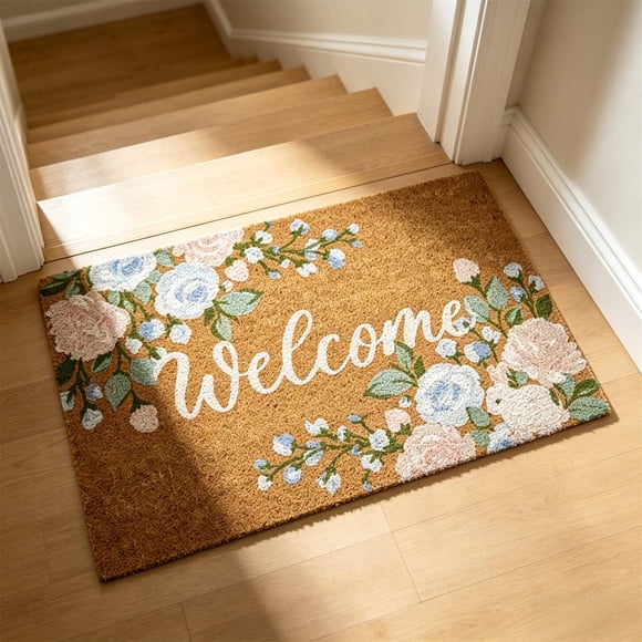 CaiYueKe Floral Welcome Mats Flower Coir Door Mat Colorful Spring Door Mat Indoor Entrance Cute Decorative Outdoor Doormats Non Slip Outside Door Mats for Front Door Rugs 16" x24"