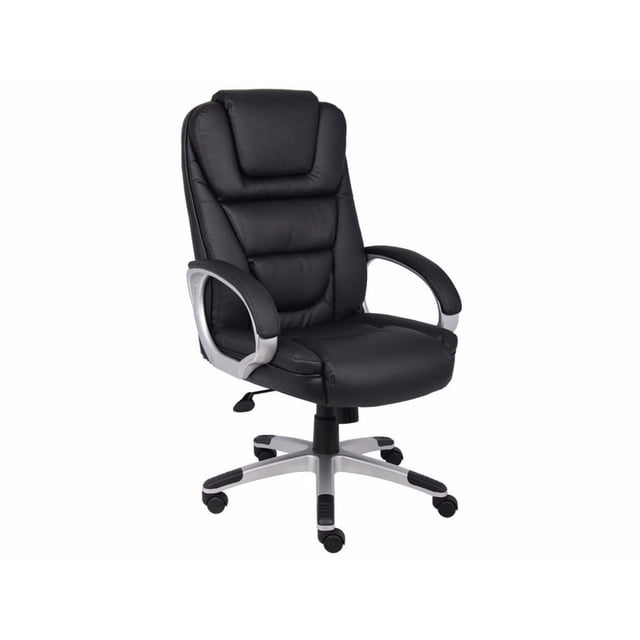 Nicer Furniture High-back PU Leather Executive Chair in black with ergonomic lumbar support, padded armrests, adjustable pneumatic seat height, tilt tension control, and silver five-wheel base suitable for office desk use.