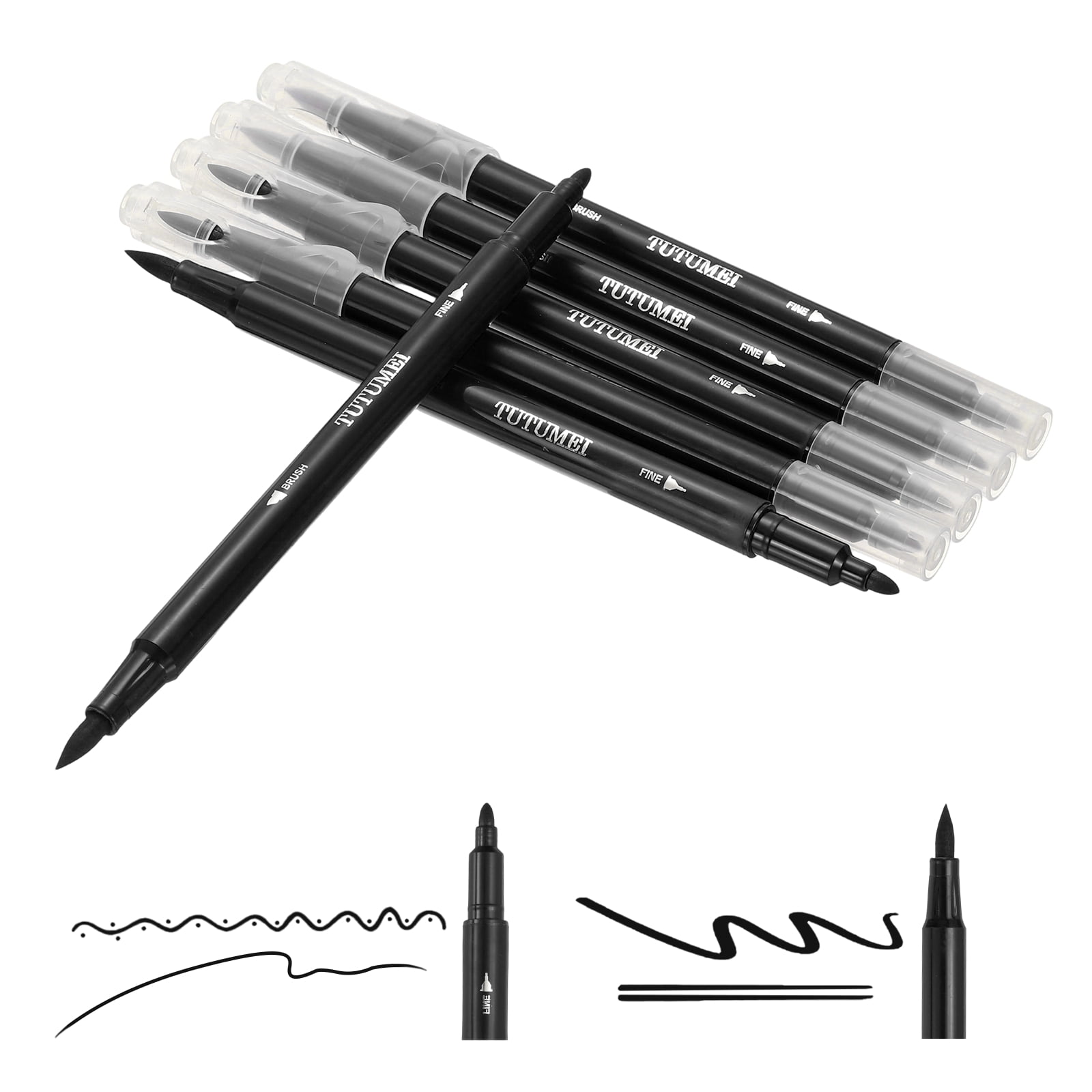 Uxcell Dual Brush Markers, Black Fine and Brush Tip Pen for Coloring, 6Pcs
