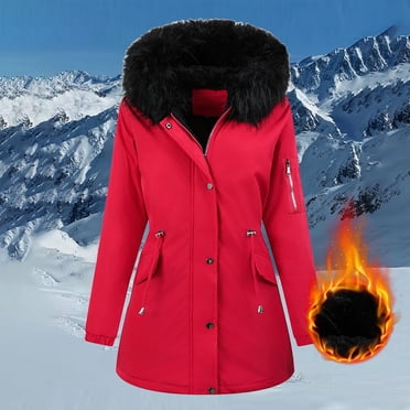 Pisexur Manteau d'Hiver pour Femmes, Couleur Unie, Boutons, Manches Longues, Parka, Ceinture à la Taille, Fermeture Éclair, à Capuche, Manteau, Rouge, 2TG