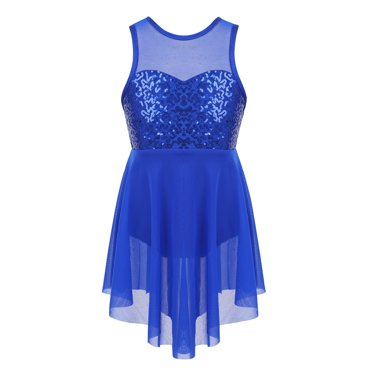 Kvysinly Robe de Danse Lyrique pour Fille, Dos Découpé, Jupe Asymétrique Haute-Basse, Costumes de Danse de Salon, Bleu, 6