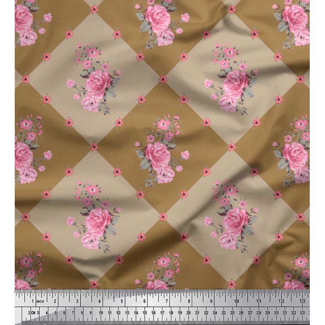 Soimoi polyester Crepe Fabric Leaves, & Rose Floral Decor Fabric Printed Yard 52 Inch Wide