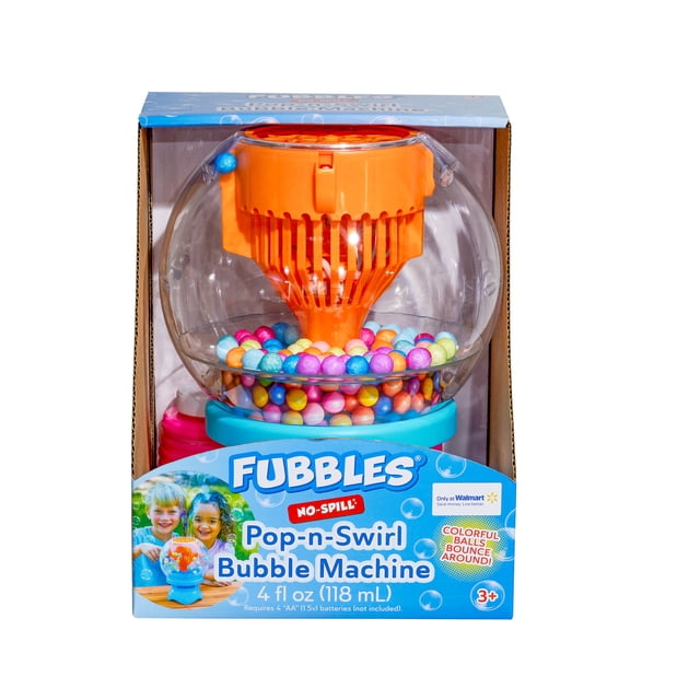 Little Kids Inc. Pop N Swirl Bubble Machine for Fun Outdoor Play with a clear spherical chamber filled with colorful bouncing balls and an orange bubble blower on top, featuring a no-spill design and including 4 fl oz (118 mL) bubble solution, suitable for children ages 3 and up.