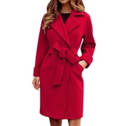 Kcodviy Women Peacoat Trench Coat Womens Wool Blend Casual Mid Long Overcoat Skater Trench Coat Lapel Open Front Cardigan Wool Jacket Womens Outwear Woolen Fleece Winter Coat with Belt