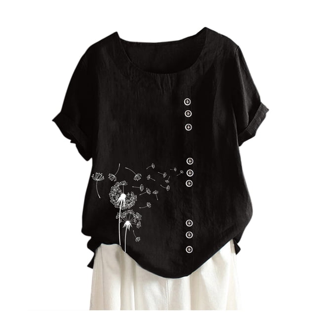 Pompotops Womens Casual Loose Button Linen Plus Size Daily Boho Tanic T-Shirt Blouse Tops
