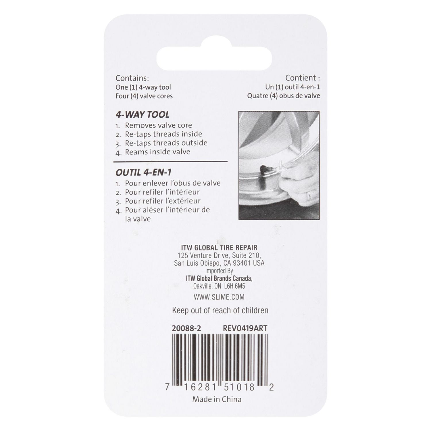 Outil à 4 utilités pour valves de pneus de Slime