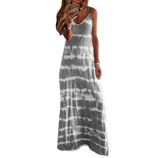 Daeful Robes Maxi Teinture sur Nœuds Longue Robe Sans Manches Robe d'Été Kaftan Ample Col en V Gris L