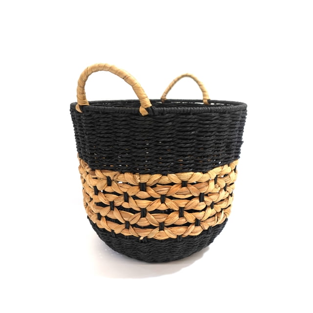 Hometrends woven paper & water hyacinth storage basket, small, round with black woven paper top and bottom and a natural water hyacinth braided band in the center, featuring two wrapped handles for easy carrying, ideal as a lightweight storage bin for shelves or closets that complements modern décor.