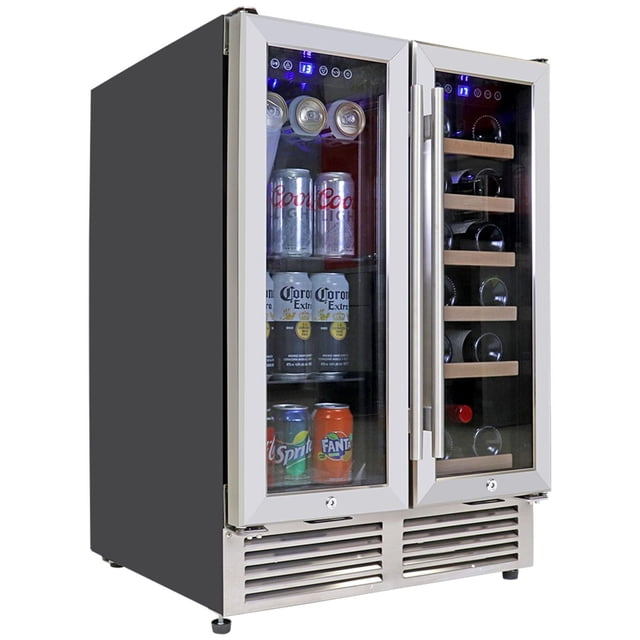 Koolatron Elite Series Dual Zone Built-In Wine Cooler Beverage Fridge with black exterior and stainless steel double-pane French doors, left compartment storing assorted soda and beer cans on tempered glass shelves, right compartment with sliding beechwood racks holding wine bottles, digital touch controls, white LED interior lighting, and front venting for built-in or freestanding installation.