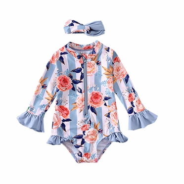 EQWLJWE Girls Summer Swimsuits Casual Toddler Baby Girl's Swimsuit Long-sleeved Flower Print Ruffle Trim One-piece Swimsuit With Hair Band Swimwear Suit 6Months -4 Years