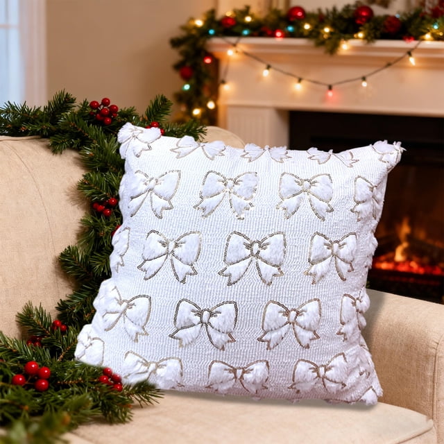 Polyester Pillowcase White Bow Sequin Pillowcase Quilted Plush Polyester Sofa Cushion Cover with Bowknot(1Pcs) Rkxzt