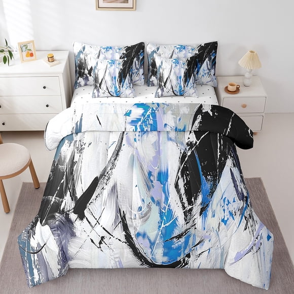 YST 7 Piece Boys Black Blue Bedding Sets Queen Abstract Graffiti Comforter Set For Kids Grunge Oil Painting Watercolor Stripes Bed In A Bag With Sheets Modern Fashion Reversible Bed Set