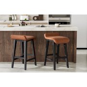26.2" Bar Stools Set of 2, Counter Height Bar Stools with Low Back and Footrest, Wood Frame, Wide PU Leather Upholstered Seat, Barstools Set for Kitchen Islands, Counter Bars, Brown