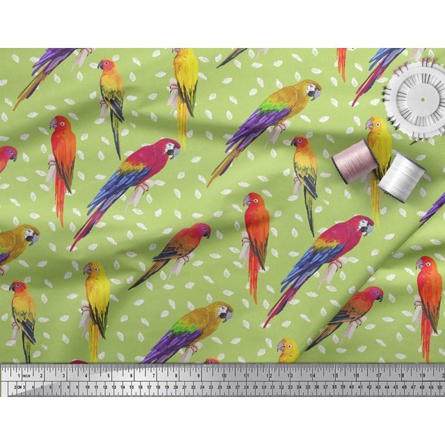 Soimoi Green Heavy Satin Fabric Macaw Parrot Bird Printed Fabric 1 Yard 56 Inch Wide
