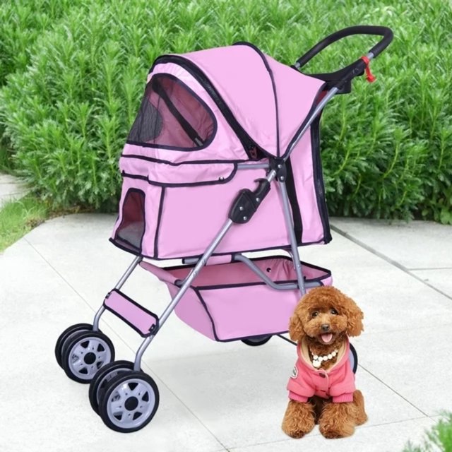4 Wheels Pet Stroller Foldable Dog Stroller Cat Stroller with Storage Basket & Removable Liner, Travel Lite Foldable Carrier Strolling Cart for Dogs Cats,Pink