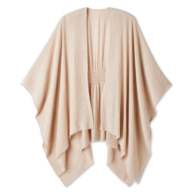 Time and Tru women's ruana in beige with an open-front design, smocked back panel, asymmetrical hem, and drapey fit made of 65% viscose and 35% polyester, displayed flat on a white background, ideal for layering over tops, dresses, or jumpsuits.