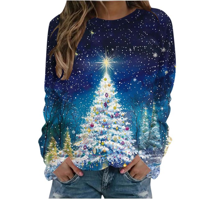 UPPADA Chandails de Noël pour Femmes, Imprimé d'Arbre de Noël, Chandail à Manches Longues, Hauts à Enfiler, Automne, Chandail Confortable, Col Rond de Noël, Offres 2024