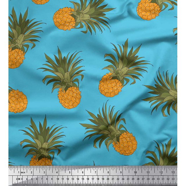 Soimoi Blue Poly Georgette Fabric Pine Fruits Decor Fabric Printed Yard 42 Inch Wide