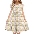thumbnail image 2 of EGNMCR Robe à Manches Courtes à Col Rond Robe d'Été pour Enfants Imprimée à Manches Plissées à Double Couche pour Enfants de 5 à 14 Ans Robe, 2 of 7