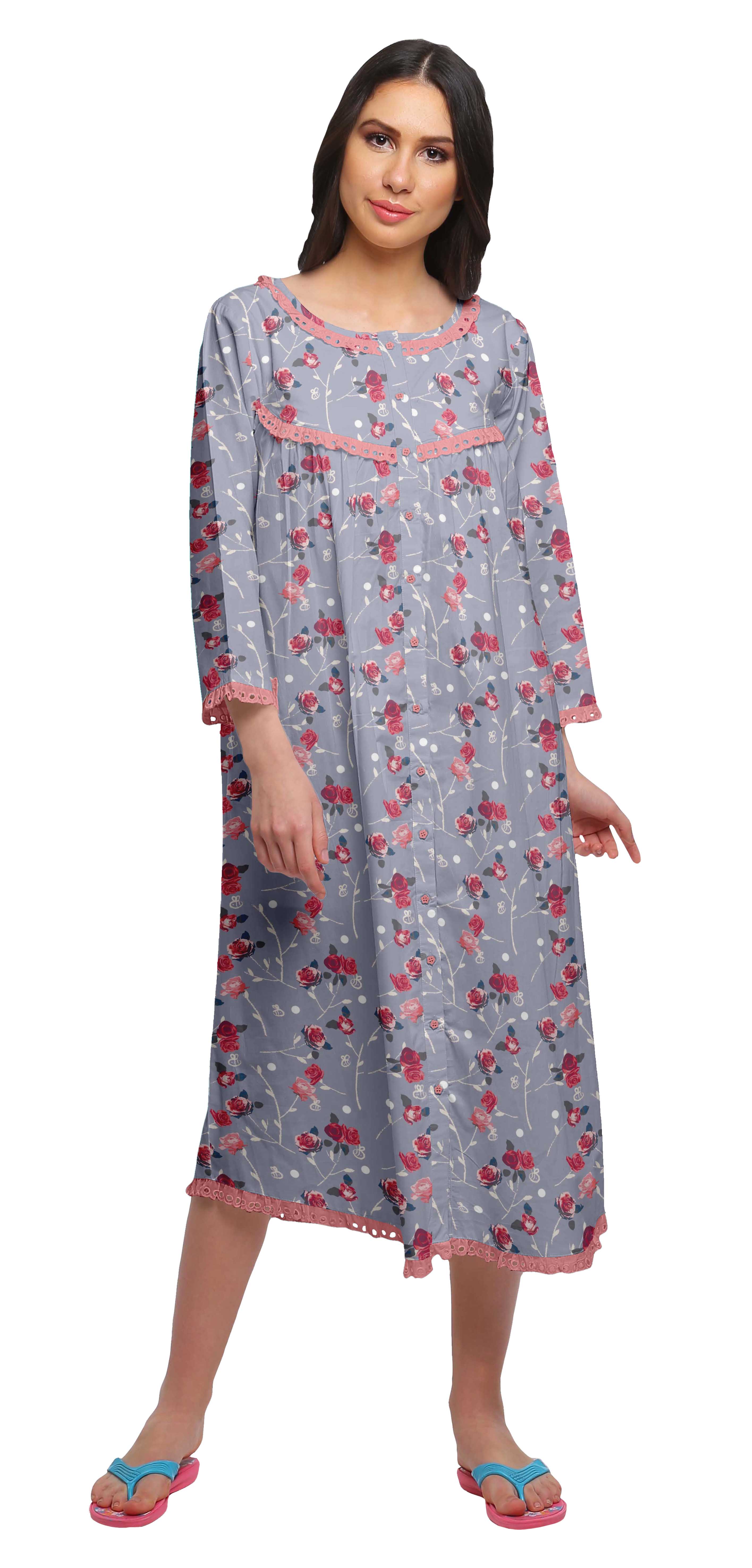 Moomaya Chemise de Nuit Boutonnée en Coton Imprimé pour Femmes, Robe de Nuit d'Allaitement