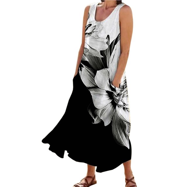 TJAZFJPA Couvre-Maillots de Plage Robes pour Femmes Mode pour Femmes Col Rond Décontracté Imprimé Pissenlit 3D Sans Poignets Poche Longue Robe Débardeur Robe Décontractée Robe de Patinage Artistique Robes Longueur Genou pour Femmes
