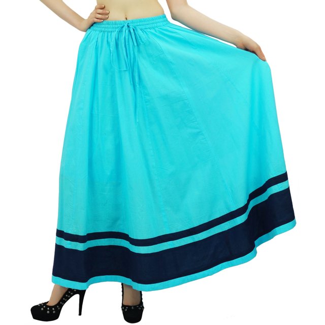 Bimba Women's Long Maxi Skirt With Contrast Border Boho Skirt With Elastic Waist