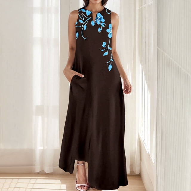 Ovzne Robes d'Été pour Femmes Robe pour Femme Mode Femme Confortable Été Imprimé Sans Manches Robe à Col en V Robe Grande Taille Robe Imprimée Liquidation