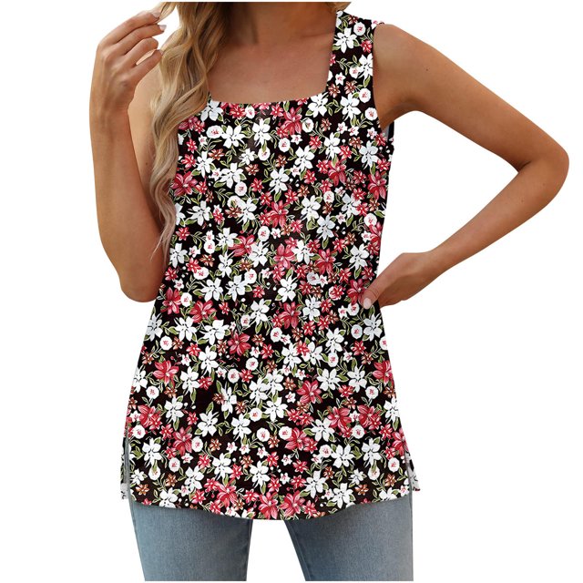 Birdeem T-Shirt Mode Femme Imprimé Col Carré Confortable Ample Sans Manches Blouse Décontractée