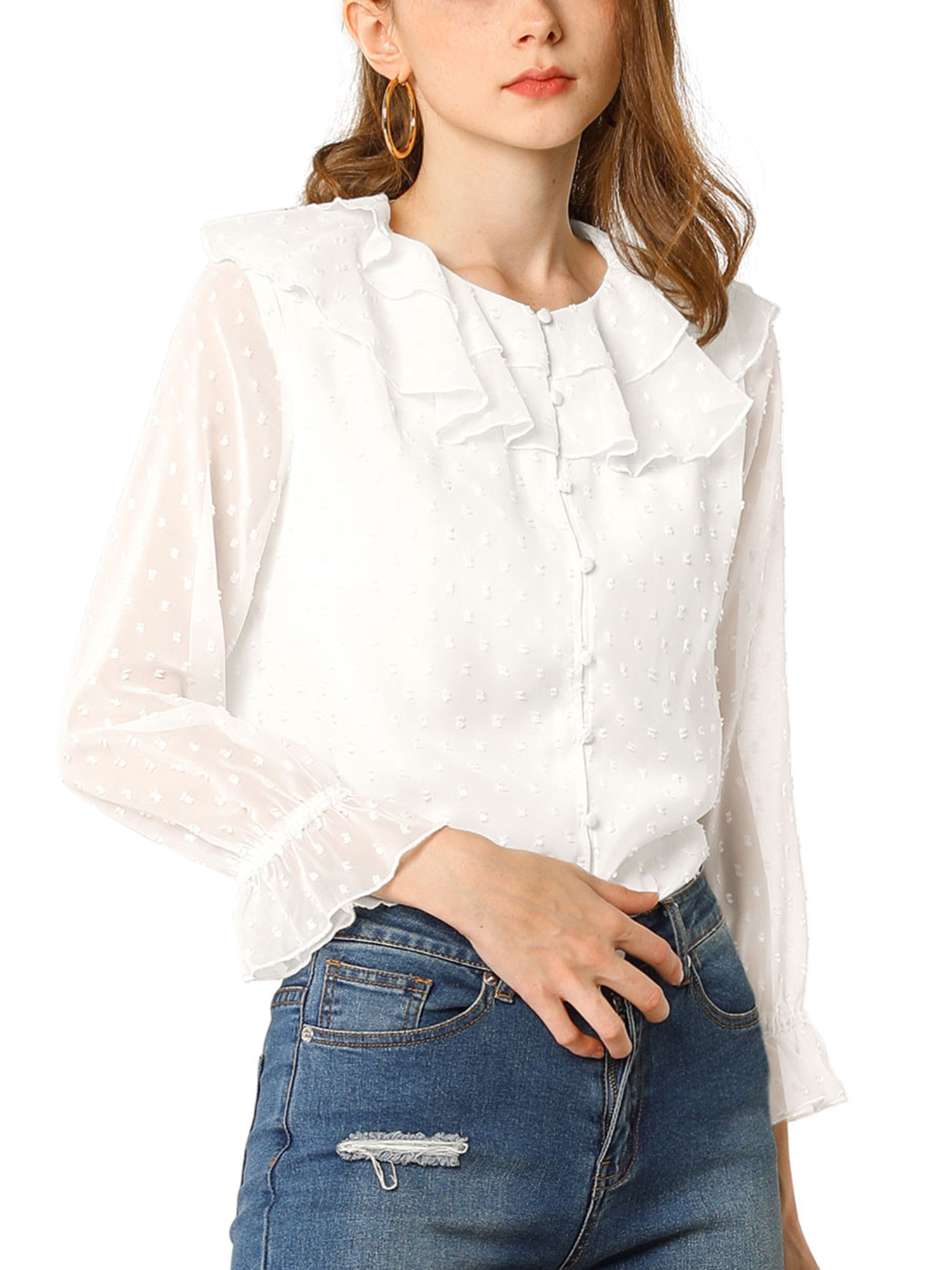 INSPIRE CHIC Women's Ruffle Neck Polka Dots Sheer Chiffon Blouse