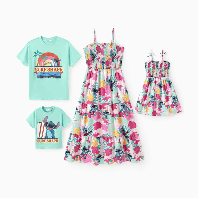 Disney Stitch Family Matching Summer Vacation Floral Plant Print Tee/Ruffle-sleeve Dress Outfit Set