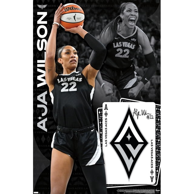 WNBA Las Vegas Aces - Affiche Murale A'ja Wilson 24 Montrant A'ja Wilson en Noir, Maillot des Las Vegas Aces Numéro 22 Tirant un Ballon de basketball Wilson, avec une Grande Carte à Jouer des Las Vegas Aces Mettant en Vedette le logo de l'Équipe et Son Autographe en Arrière-Plan.