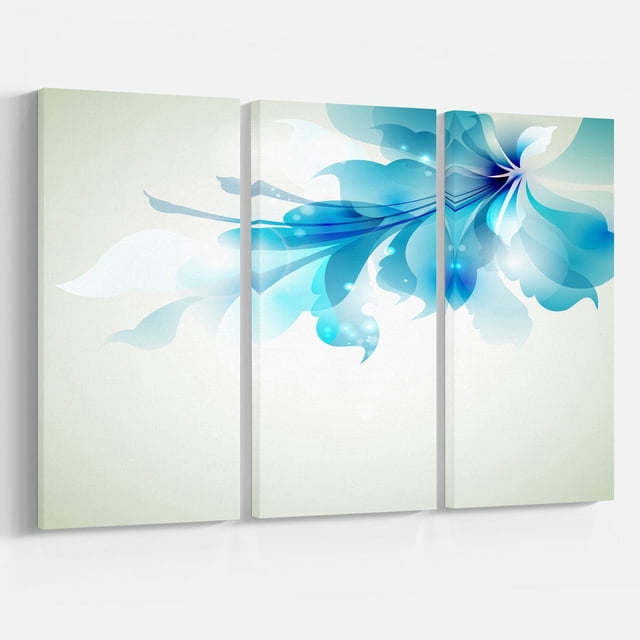 Design Art Tender Blue Abstract Flowers Canvas Print with a three-panel gallery wrapped cotton canvas featuring a flowing blue abstract floral design on a light background, printed with high-resolution inkjet technology, ready to hang and ideal for modern home or office wall décor.