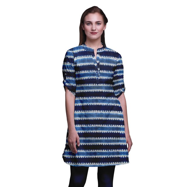 Bimba Kurtis Courtes pour Femmes Imprimées à Col Mandarin Robe à Manches Retroussables