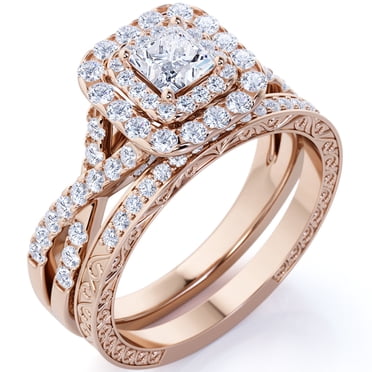 JeenMata 1.25 ct - Square Moissanite - Double Halo - Twisted Band - Vintage Inspired - Pave - Wedding Ring Set in 18K Rose Gold Plating for Women