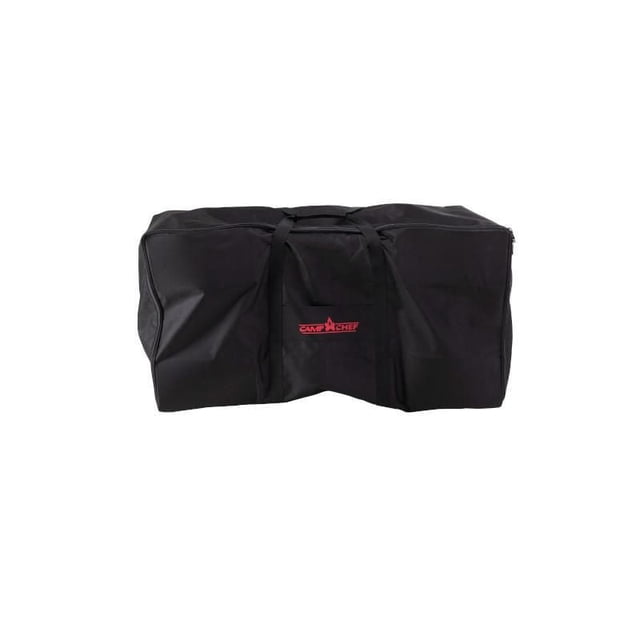CAMP CHEF CARRY BAG FOR PORTABLE FLAT TOP 600, a black rectangular carry bag with reinforced wrap handles and a red Camp Chef logo, made from weather-resistant 600 Denier fabric with a large industrial EZ glide zipper, designed to protect and transport the Portable Flat Top Grill 600 body, also suitable for storing outdoor BBQ tools.