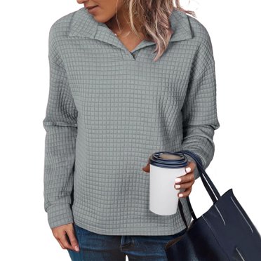 Xdegoge Sweatshirts for Women Casual Lightweight Knit Sweatshirts Loose Comfy Casual Oversized Lapel Shirts Long Sleeve Fall Winter Tunic Tops Preppy Outfits Clothes 2025 Trendy Gray L