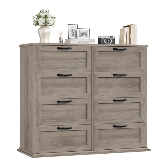 Homfa Commode Horizontale à 8 Tiroirs, Armoire de Rangement en Bois Commode Double pour Chambre Salon, Gris