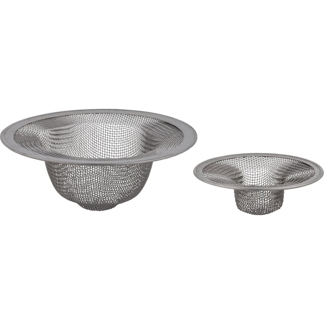 Peerless Stainless Steel Mesh Strainers - 2 Pack with two round stainless steel mesh sink strainers featuring wide rims and fine mesh baskets that fit most kitchen and bathroom sink and tub drains, designed to keep pipes clog-free and ensure efficient water drainage.