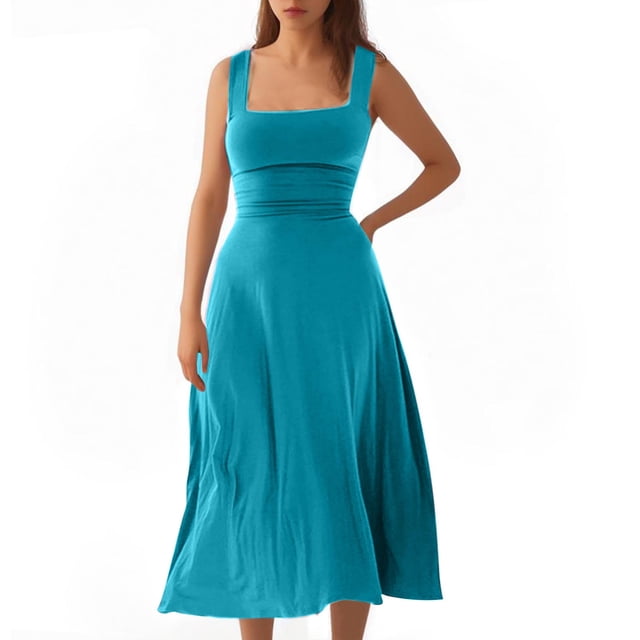 Timegard Robes d'Été pour Femmes à Larges Bretelles, Encolure Carrée, Sans Manches, Couleur Unie, Coupe Ajustée, Décontractée, Confortable