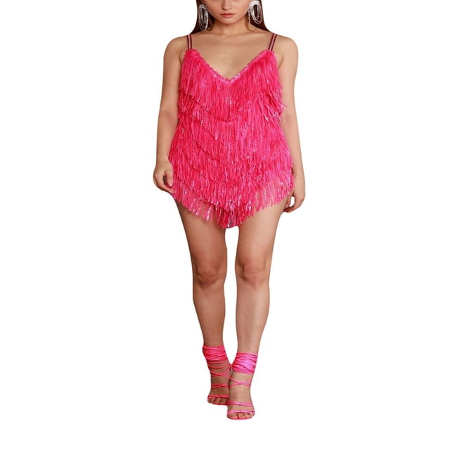 Robe de Soirée Club à Paillettes pour Femmes Bretelles Spaghetti Sans Manches Dos Nu avec Franges
